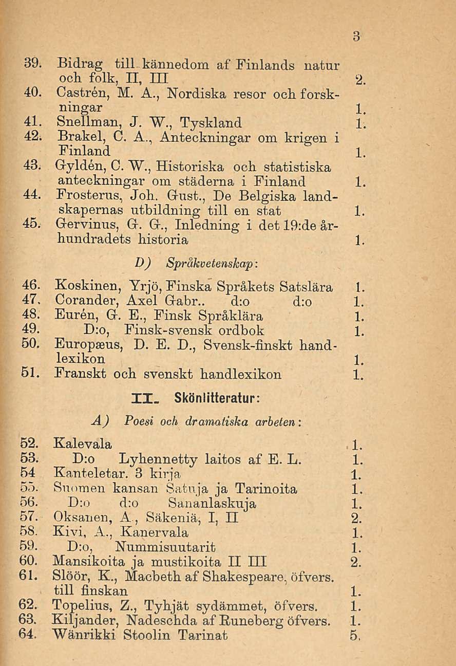 39. Bidrag tili kännedom af Finlands natur och folk, H, 111 2. 40. Castren, M. A., Nordiska resor och forskningar 1 41. Snellman, J. W., Tyskland 1 42. Brakel, C. A., Anteckningar om krigen i Finland 1, 43.