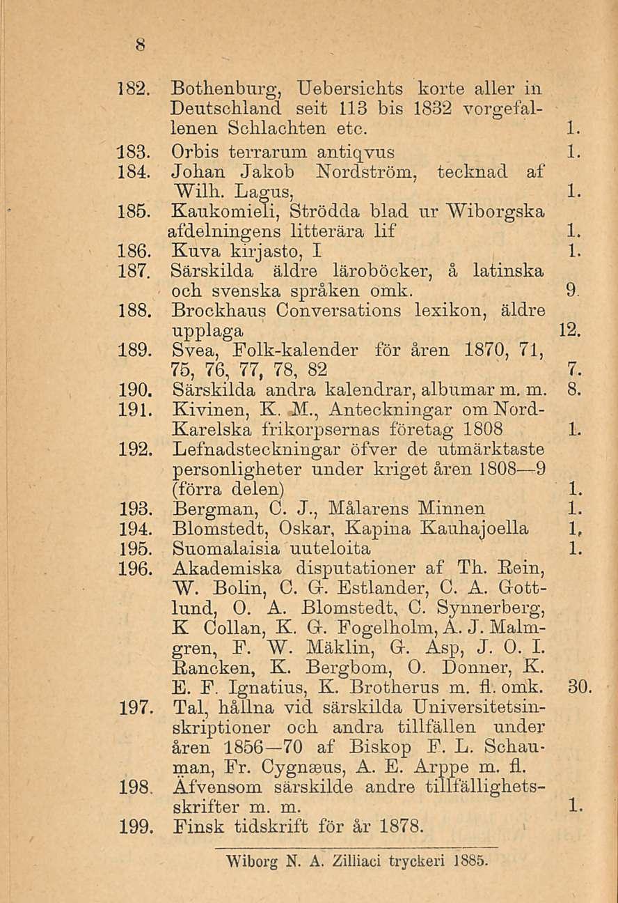 182. Bothenburg, Uebersichts korte aller ili Deutschland seit 113 bis 1882 vorgefallenen Schlachten etc. 1. 183. Orbis terrarum anti qyus 1. 184. Johan Jakob Nordström, tecknad af Wilh. Lagus, 1. 185.