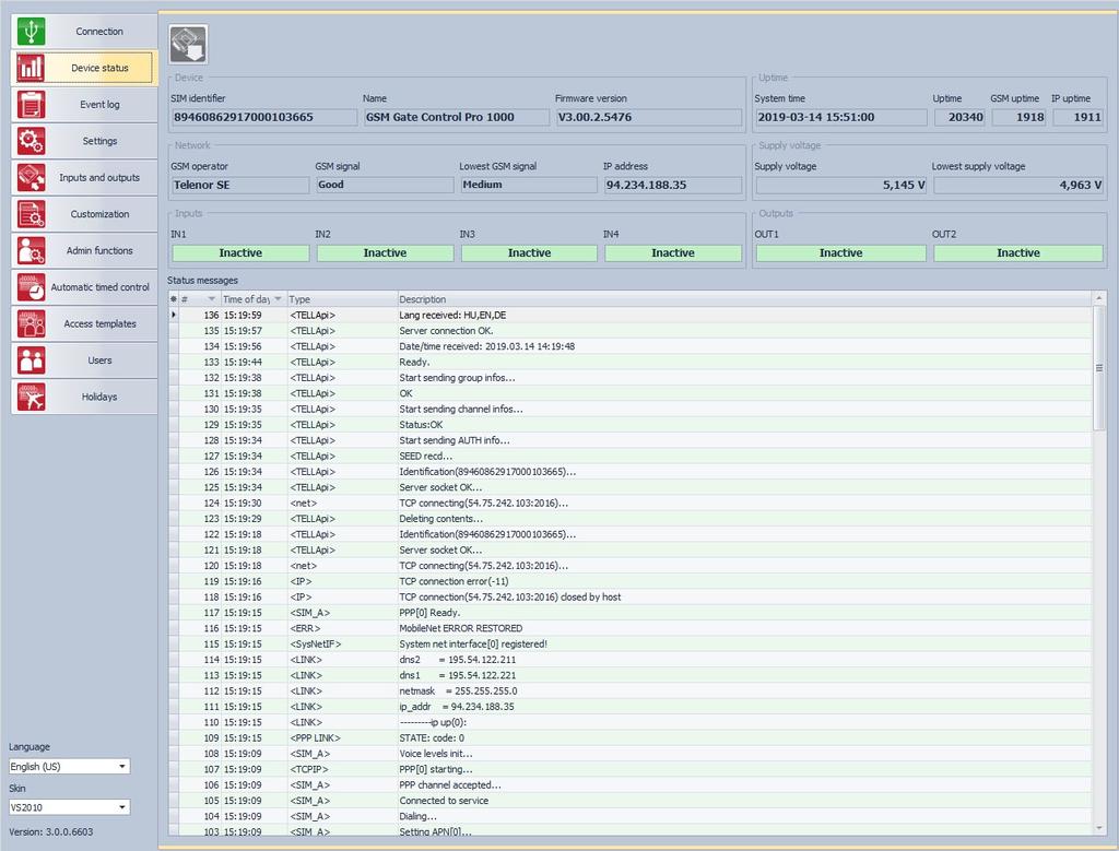 Modulens status DBG5 Denna flik Device Status visar allmän information om modulen. SIM id, Firmware, GSM operatör, signalstyrka m.