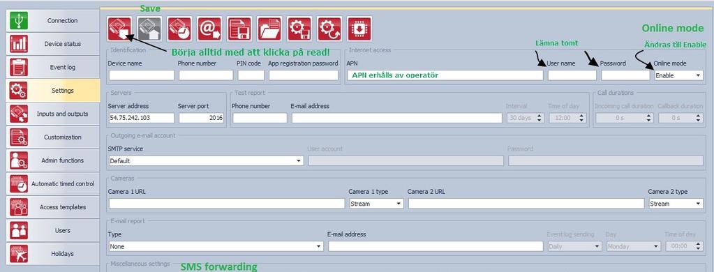 Inställningar Gå till fliken Settings. Följande ska ställas in: Klicka på Read knapp för att läsa in data från modulen. APN, ställs in enligt operatörens uppgifter, se även sida 11.