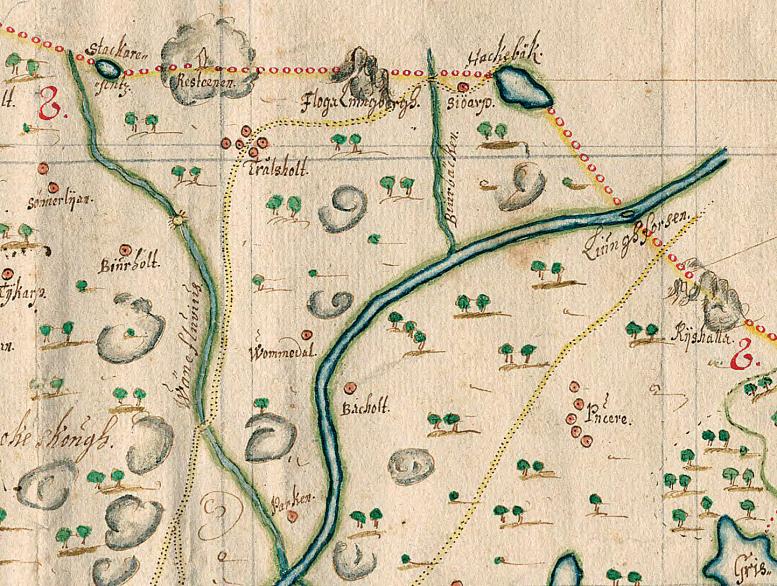 Utdrag ur karta från 1652 av Kettil Classon Felterus. Obs, norr åt vänster på kartan. Krigsarkivet. med en minnessten.