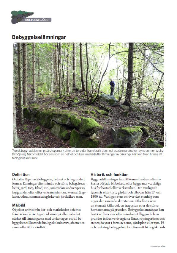 Bebyggelselämningar Exempel på faktablad som tagits fram inom Skogsstyrelsens projekt Dialog om miljöhänsyn Se hemsida: www.skogsstyrelsen.