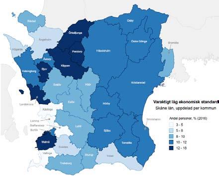 Andel personer med varaktigt låg ekonomisk standard, Skåne, Region Skåne Här bör man återigen ha i åtanke att statistiken i gränskommunerna Malmö och Helsingborg är underskattad på grund av att