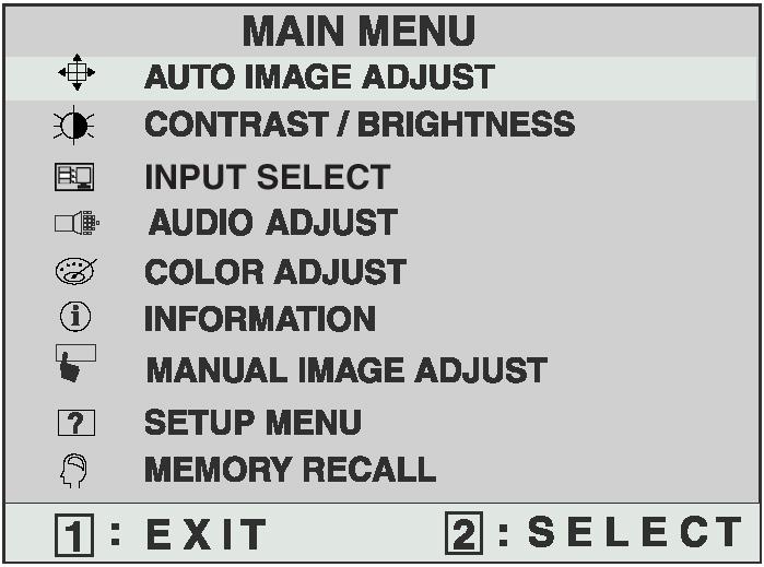 Do the following to adjust the screen image: 1 To display the Main Menu, press button [1]. NOTE: All OnView menus and adjustment screens disappear automatically after about 30 seconds.