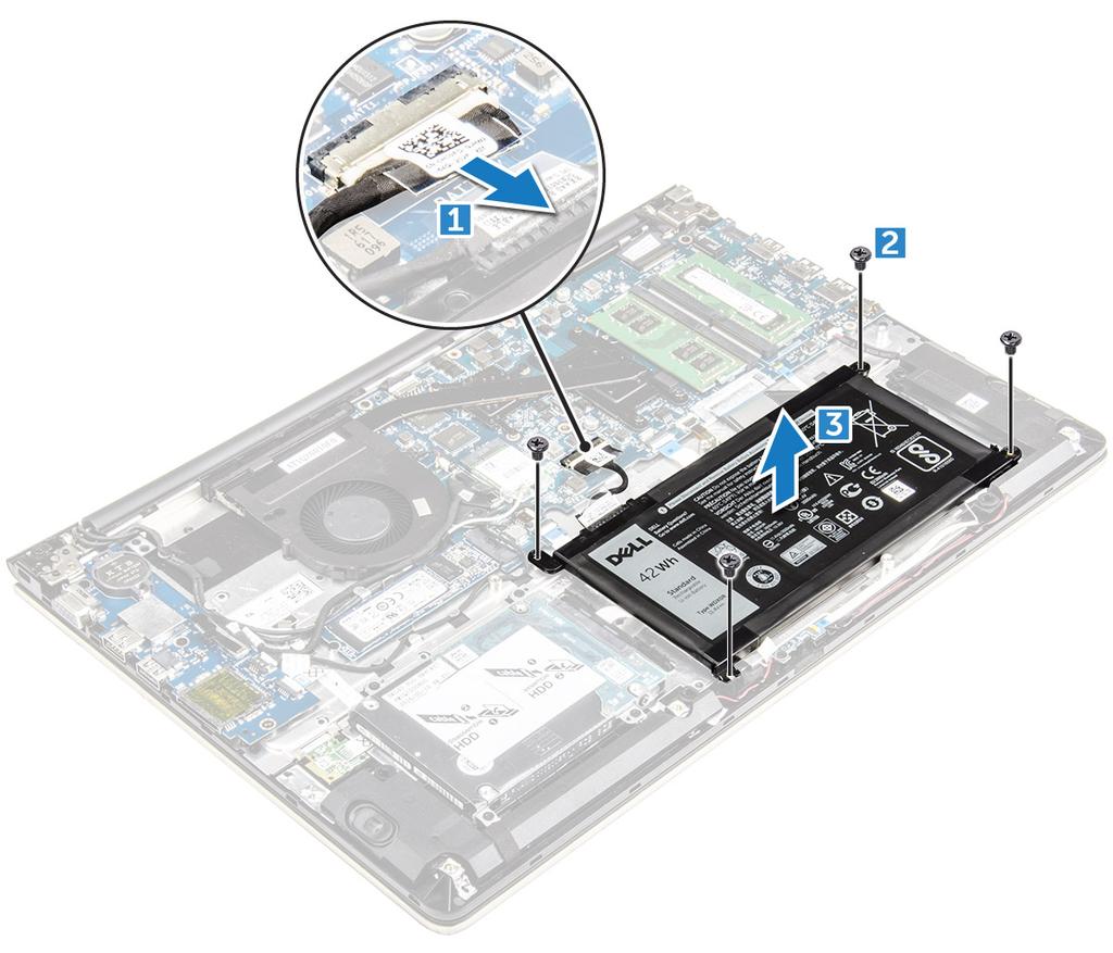 Figur 7. Ta bort batteriet Installera batteriet 1 För in batteriet i urtaget på datorn 2 Installera skruvarna som håller fast batteriet i datorn. 3 Anslut batterikabeln till kontakten på moderkortet.