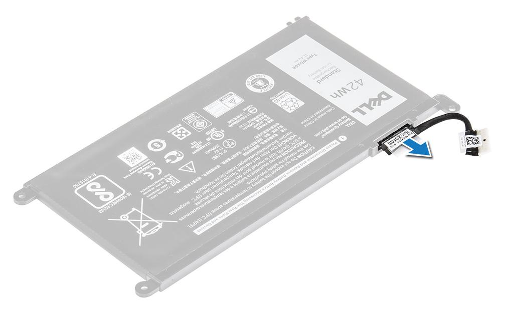 Installera batterikabeln 1 Anslut batterikabeln till batterikabeln på batteriet. 2 Installera: a b batteriet bakre hölje 3 Följ proceduren i När du har arbetat inuti datorn.