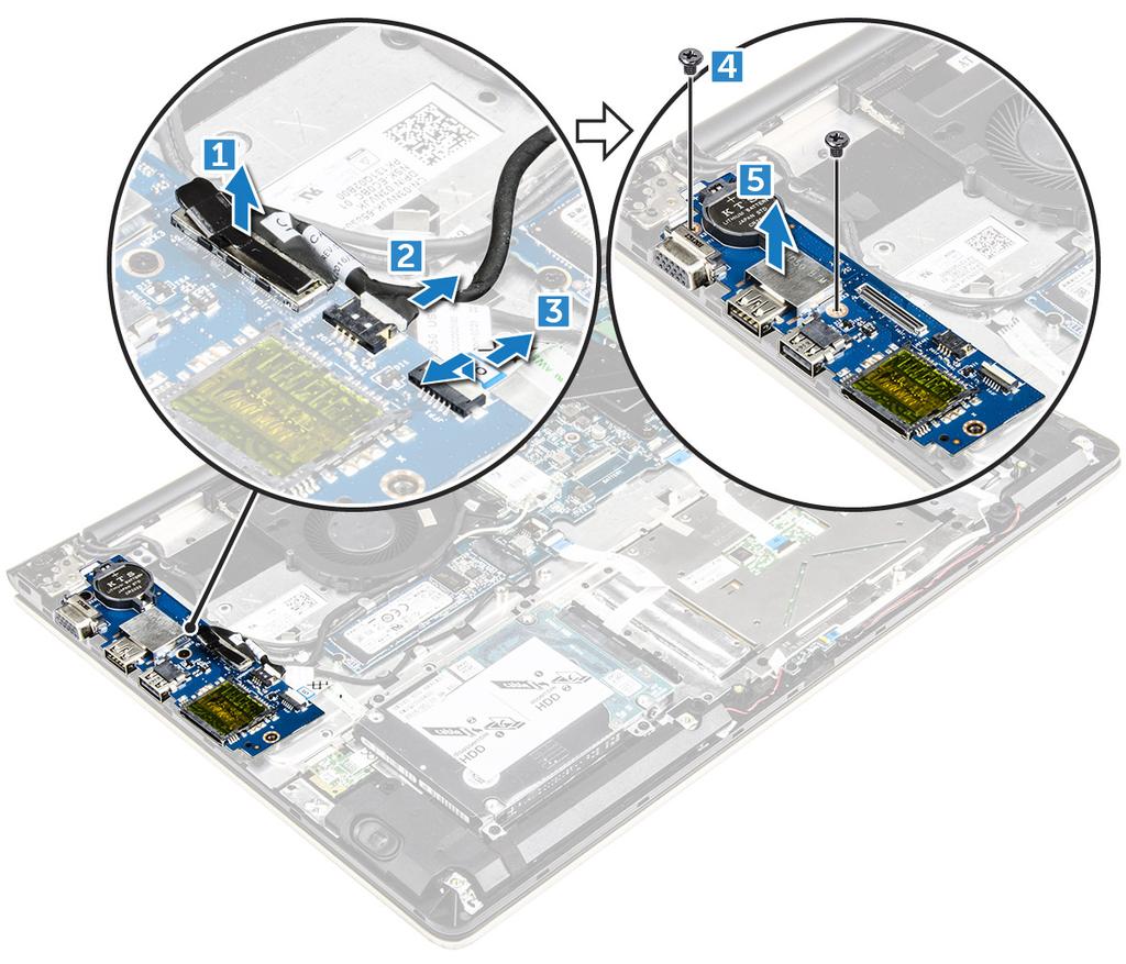 Installera indata/utdata-kortet 1 För in I/O-kortet i kortplatsen på datorchassit. 2 Installera skruven som håller fast I/O-kortet i datorn. 3 Anslut I/O-kortskablarna till moderkortet.