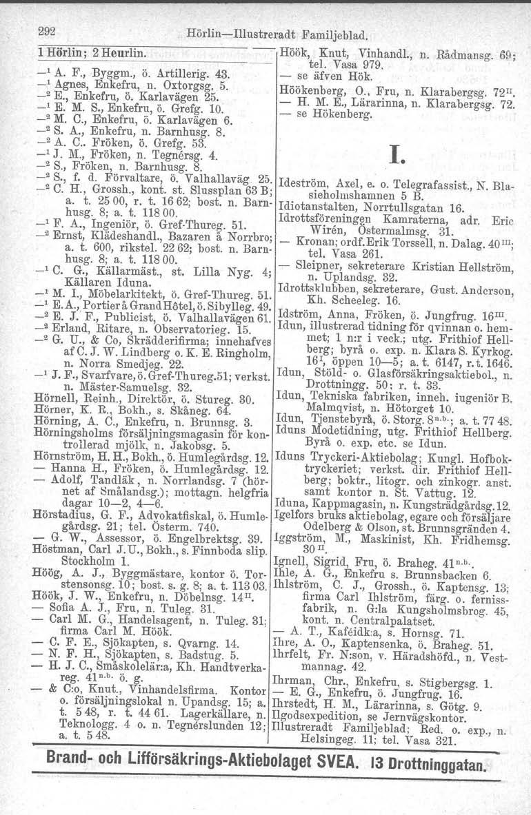 292 Hörlin-Illustreradt Familjeblad. 1 Hörlin ; 2 Heurlin. _, A. F., Byggm., ö. Artillerig. 43. _, Agnes, Enkefru, n. Oxtorgsg. 5. _2 E., Enkefru, ö. Karlavägen 25. _, E. M. S., Enkefru, ö. Grefg. 10.