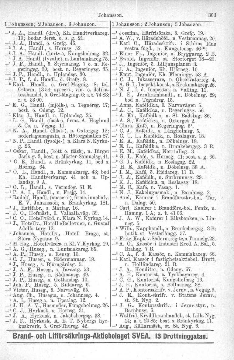 Johansson. 303 1 Johansson; 2 Johanson; 3 Johanzon. 1 Johansson; 2 Johanson; 3 Johanzon. _1 J. A., HandI. (div.), Kh. Handtverkareg. _1 Josefina, Hårfrisörska, ö. Grefg. 19. 10; bodar derst. o. s. g.