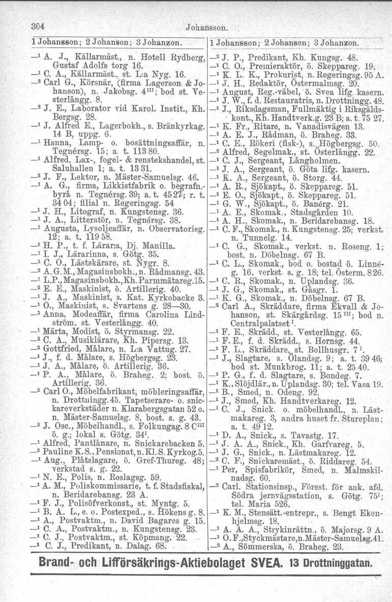 304 Johansson. 1 Johansson; 2 Johanson; 3 Johanzon. 1 Johansson; 2 Johanson; 3 Johanzon. -' A. J., Källarmäst., n. Hotell Rydberg, _2 J. P., Predikant, Kh. Kungsg. 48. Gustaf Adolfs torg 16. -' C. O.