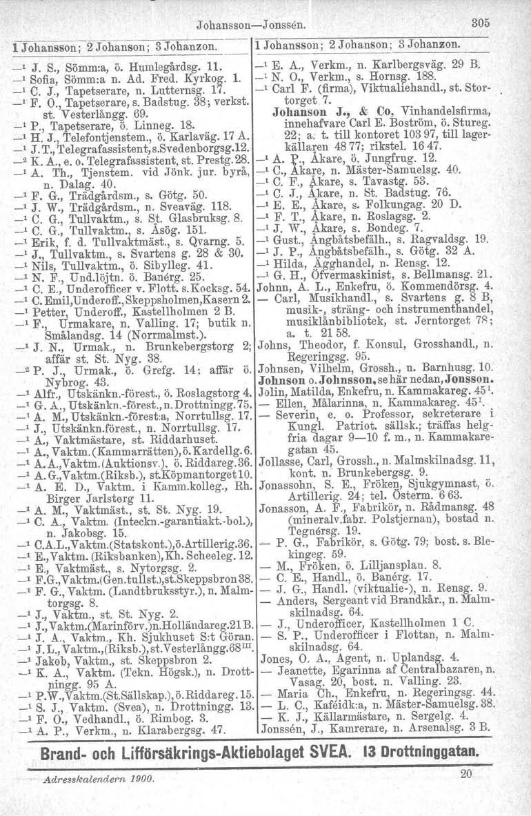 J ohansson-j onssen. 305 l Johansson; 2 Johanson; 3 Johanzon. 11 Johansson; 2 Johanson; 3 Johanzon. _, J. S., Sömm:a, ö. Humlegårdsg. 11. _, E. A., Verkm., n. Karlbergsväg. 29 B. _, Sofia, Sömm:a n.