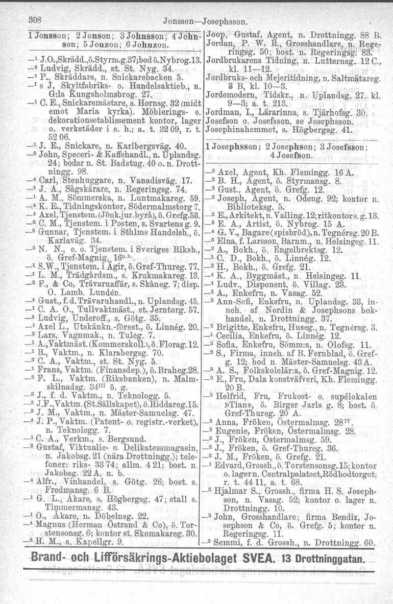 308 Jonsson-Josephsson. 1 Jonsson; 2 Jonson; 3 Johnsson; 4John- Joop, Gustaf, Agent, n. Drottningg. 88 Bo son; 5 Jonzon; 6 Johnzon. Jordan) P. W. R., Grosshandla.;e,,u,,~egermgsg, 50; bost, n.