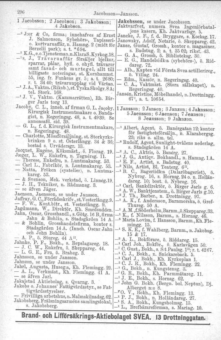 296 Jacobsson-Jansson. 1 Jacobsson; 2 Jacobson; 3 Jakobsson- Jakobsson, se under Jacobsson. 4 Jakobson. ' Jaktvarfvet, numera Svea Ingeniörbatal-.--------------- jons kasern, Kh. J aktvarfsgr. 5.