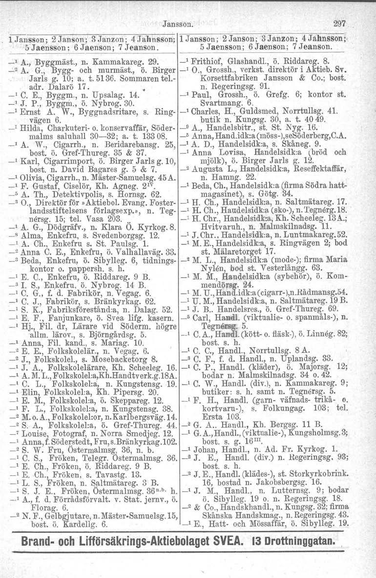 Jansson.' 297 1 Jansson; 2 Janson; 3.Janzon; 4.JalJnsson; 1 Jansson; 2Janson; 3Janzon'; 4Jahnsson; 5 Jaensson; 6 Jaenson; 7 Jeanson. 5 Jaensson; 6 Jaenson; 7 Jeanson. _1 A., Byggmäst., n. Kammakareg.