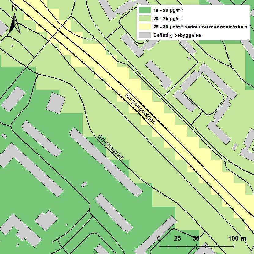 Resultat PM10-halter för nollalternativet år 2025 Figur 4 visar beräknad medelhalt av partiklar, PM10, under det 36:e värsta dygnet för nollalternativet år 2025.