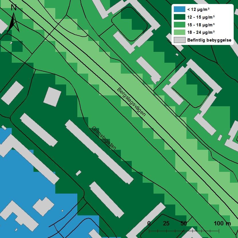 Figur 6. Beräknad dygnsmedelhalt av kvävedioxid, NO 2, (µg/m³) under det 8:e värsta dygnet för nollalternativet år 2025. Normvärdet som ska klaras är 60 µg/m 3.