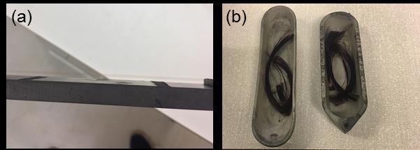 14 Figure 7. Precursor fibres fixated on graphite bridges (a) and (b) tows of precursor fibres in ceramic ships for yield determination.