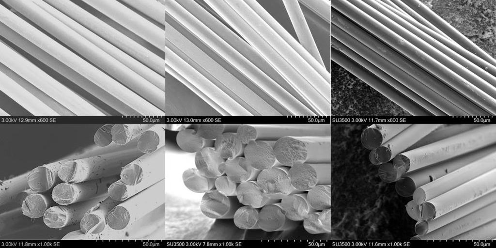 25 Figure 13. Surface (top) and cross-section (bottom) of carbon fibres made from thick KL:KP precursor fibres.