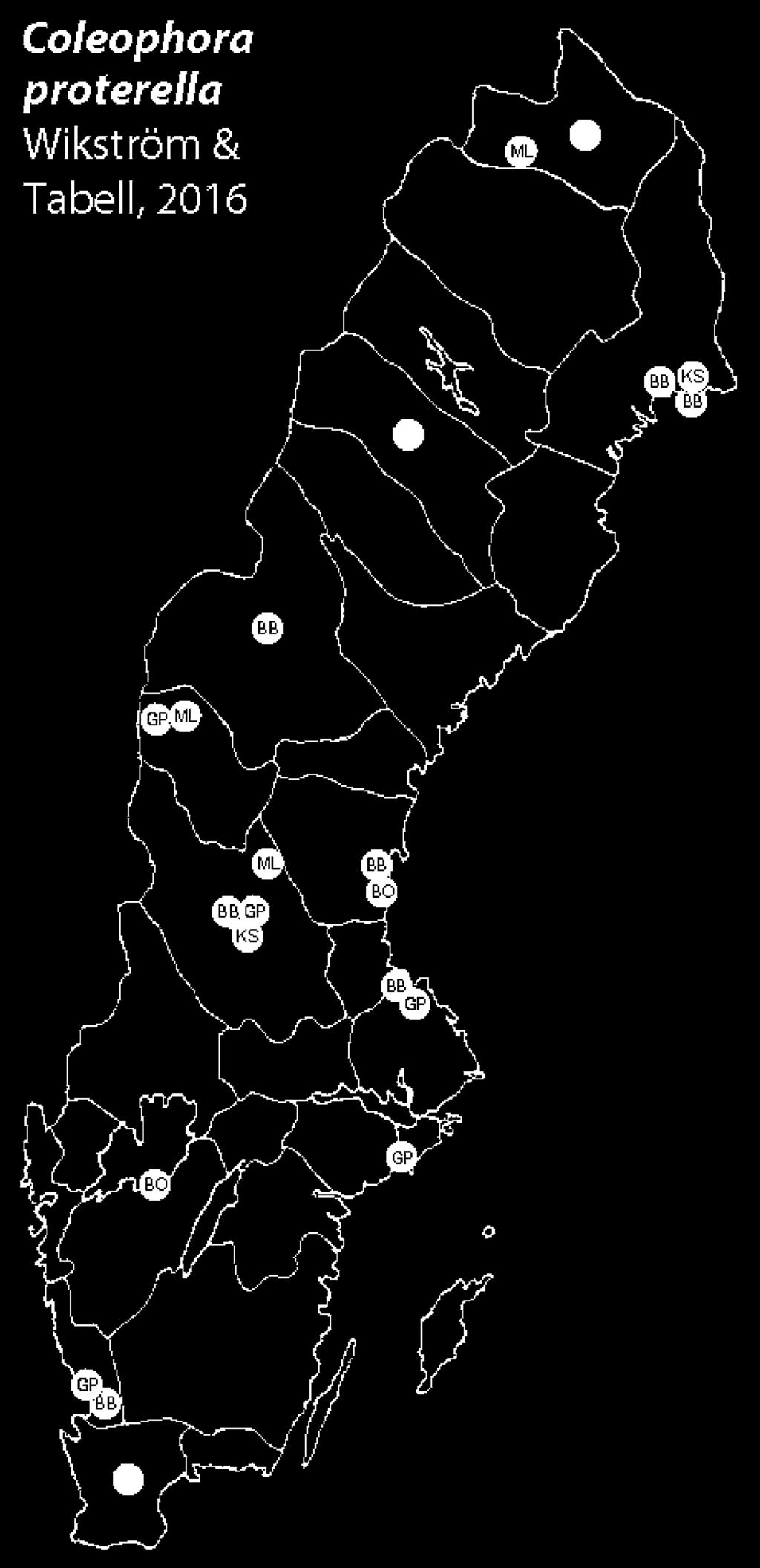Småfjärilsfynd i Sverige 2016 a Coleophora proterella b Coleophora virgaureae Figur 8. De kända fynden i Sverige av a) Coleophora proterella Wikstr. & Tab. b) C. virgaurerae (Stt.). The known records in Sweden of a) Coleophora proterella Wikstr.