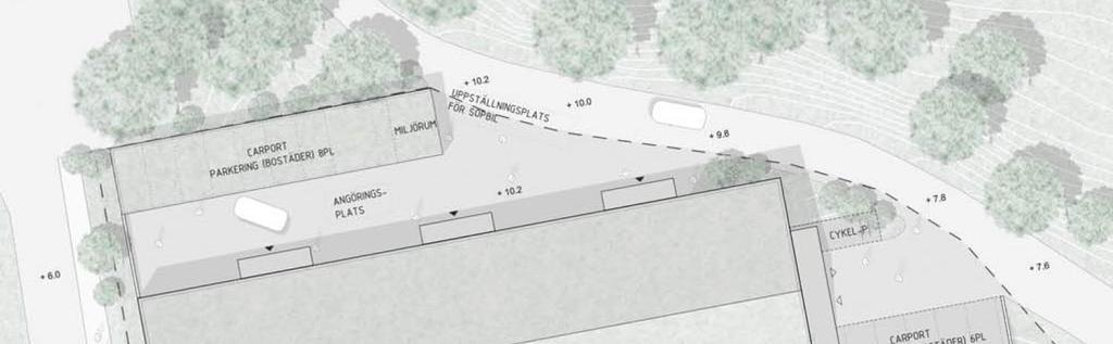 Hårdgjorda p-ytor (9 p-platser) byggs över med bostadshus Figur 2. Förslag till framtida markutnyttjande.