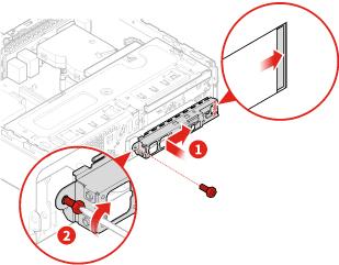 Bild 104. Installera den främre I/O-hållaren 5. Anslut strömbrytar- och kortläsarkabeln till systemkortet. 6. Slutför bytet av delar. Se Slutföra bytet av delar på sidan 66.