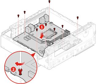 Bild 131. Ta bort systemkortet Bild 132. Installera systemkortet 12. Dra kablarna som du kopplade bort från det trasiga systemkortet och anslut sedan kablarna till det nya systemkortet. 13. Slutför bytet av delar.