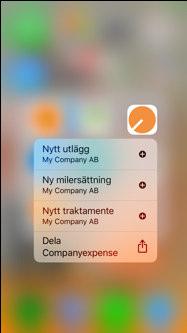 Registrera ett utlägg med 3D touch Den här funktionen gäller för Iphone. Du kan välja att registrera ett utlägg utan att gå in i appen.