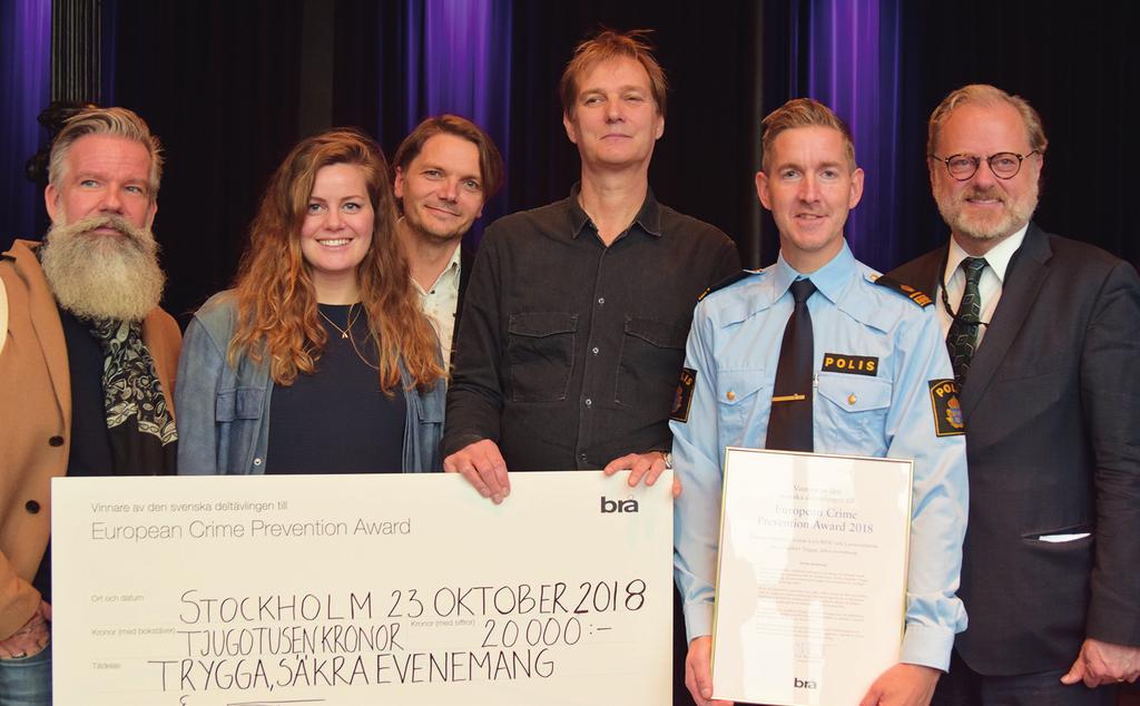 42 BROTTSFÖREBYGGANDE RÅDET ÅRSREDOVISNING 2018 Projektet Trygga, säkra evenemang, där Polismyndigheten, Svensk Live, RFSU och Länsstyrelserna har samarbetat, tilldelades första pris i den svenska