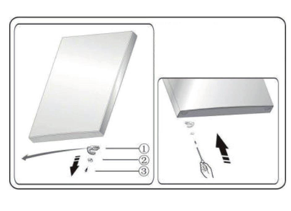 Then remove the screw hole cover (left) from the top left of the appliance and put it in the plastic bag. Screw hole cover (right) Screw hole cover (left) 1. Self-tapping screw 2. Upper hinge cover 3.