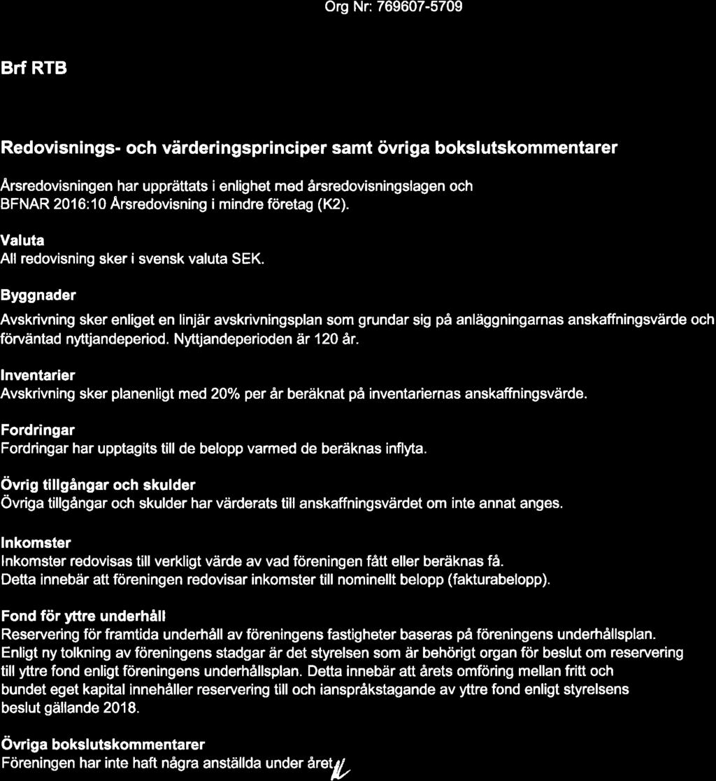 & Org Nr: 769607-5709 Brf RTB Noter Redovisnings- och värderingsprinciper samt övriga bokslutskommentarer Årsredovisningen har upprättats i enlighet med årsredovisningslagen och BFNAR 2016:10