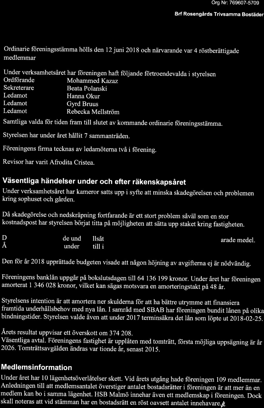 Org Nr: 769607 5709 Brf Rosengårds Trivsamma Bostäder Ordinarie föreningsstämma hölls den 12 juni 2018 och närvarande var 4 röstberättigade medlemmar.