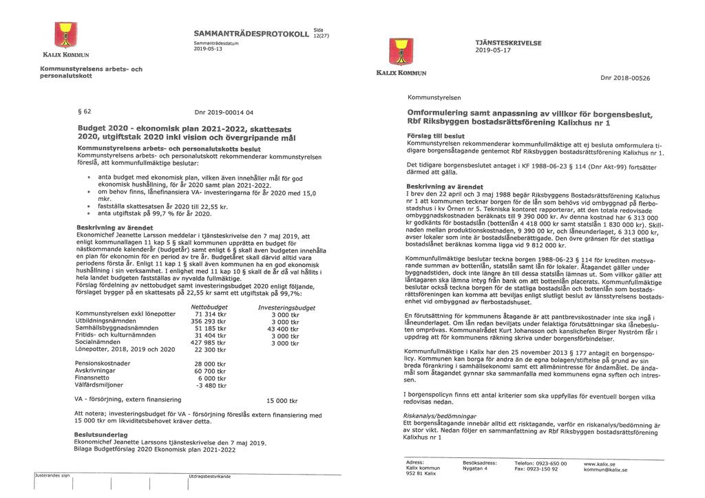 KAIJX KOBIMUN SAMMANTRÄDESPROTOKOLL 12(27) 2019-05-13 TJÄNSTESKRIVELSE 2019-05-17 Kommunstyrelsens arbets- och personalutskott KALK KOMMUN Dnr 2018-00526 Kommunstyrelsen 62 Dnr 2019-00014 04 Budget