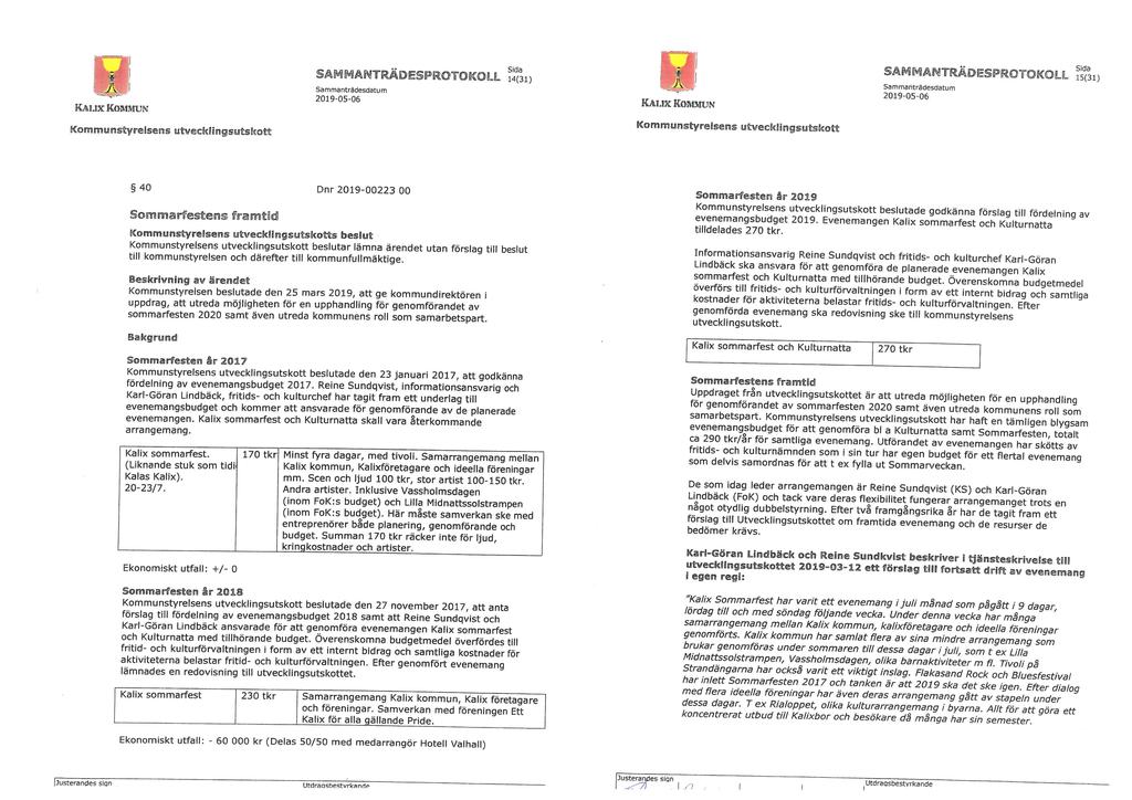 KAUX KOMMUN Sammanträdesdaturr 14(31) KALIX KoaaiuN 15(31) Kommunsftyirelsensutvecklingsutshott Kommunstyrelsens vtvecklingsutskott 40 Dnr 2019-00223 00 Sommarfestens framtid Kommunstyrelsens