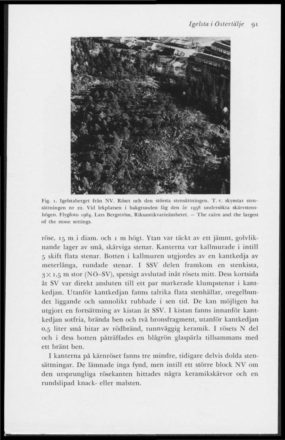 Igelsta i Östertälje 91 Fig. i. Igclstaberget frän NV. Roset och den största stensättningen. T.V, skymtar stensamlingen nr 22. Vid lekplatsen i bakgrunden låg den är 1958 undersökta skärvstcnshögen.