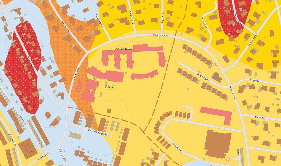 Jordartskarta (SGU). Gult är postglacial lera, orange med prickar är postglacial sand, ljusblå är morän.