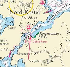 Nr 138 8 Skagerrak / Skagerrak * 3691 Sjökort/Chart: 935 Sverige. Skagerrak. Kostersundet. Obemannad linfärja. En mindre linfärja för persontransport trafikerar Kostersundet.