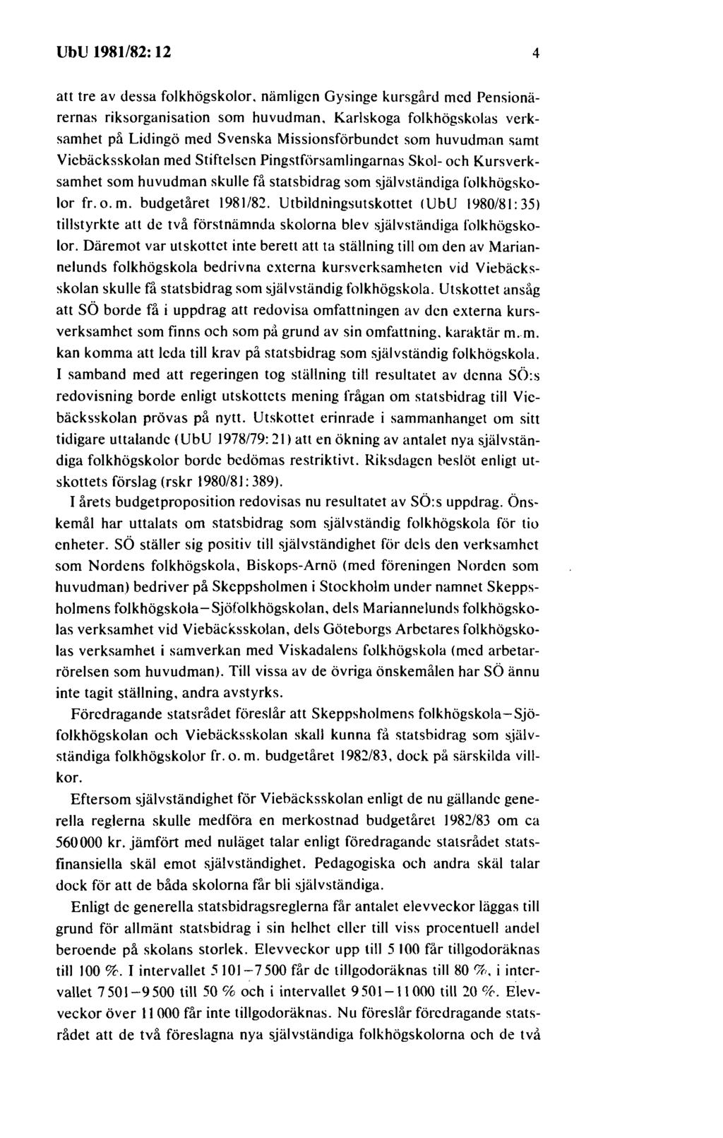 UbU 1981/82: 12 4 att tre av dessa folkhögskolor. nämligen Gysinge kursgård med Pensionärernas riksorganisation som huvudman.