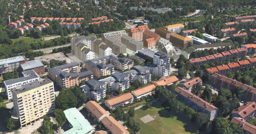 Sida 23 (52) Kvarterens uppdelning i volymer och färger. Den planerade bebyggelsen i Lådkameran och Färgfilmen finns också med (Källa: Stadsmätningen i Stockholms stad).