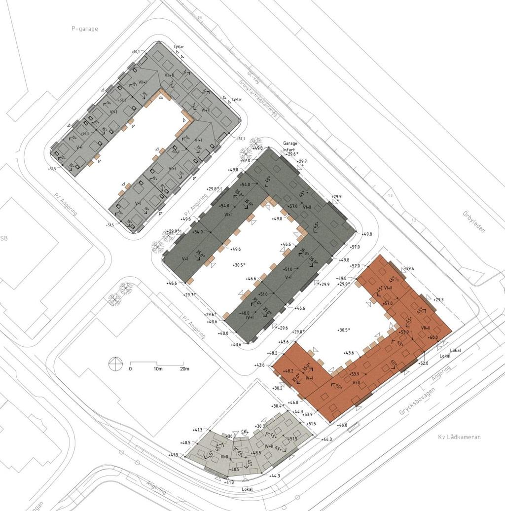 Sida 24 (52) Situationsplan för bebyggelse i Diabilden (Källa: Civilisation). Fasad Fasaderna föreslås få en tydlig horisontell tredelning - sockel, fasad och tak.
