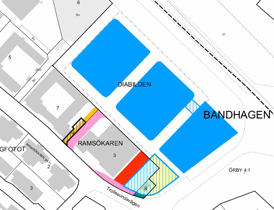 Sida 50 (52) Figuren illustrerar de fastighetsbildningsåtgärder som följer av planförslaget. Blå områden bildar tre nya bostadsfastigheter genom avstyckning från Örby 4:1.