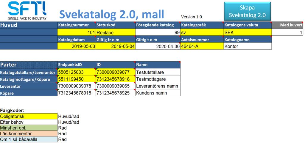 Skapa Svekatalog 2.0 För att generera xml-meddelandet klickar man på knappen Skapa Svekatalog 2.0. I samband med detta sker en validering av uppgifter i huvud och rader.