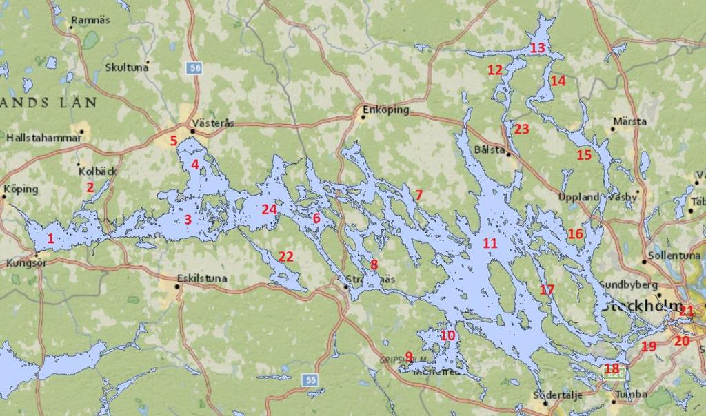 Det finns 96 badplatser i Mälaren som är registrerade i badplats-portalen. Mälaren har 32 vattenförekomster och badplatserna finns i 24 av dem.