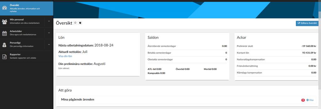 Startsidan Översikten är din startsida, här kan du se uppgifter om din lön, saldon och