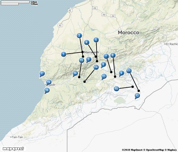 1. Marrakech 2. Höga Atlas 3. Okaïmeden 4. Forêt Toufliht 5. Tizi n'tichka 6. Amerzgane P1505 7. Barrage El Mansour 8. Tizi-n-Tinifift 9. Agdz 10.