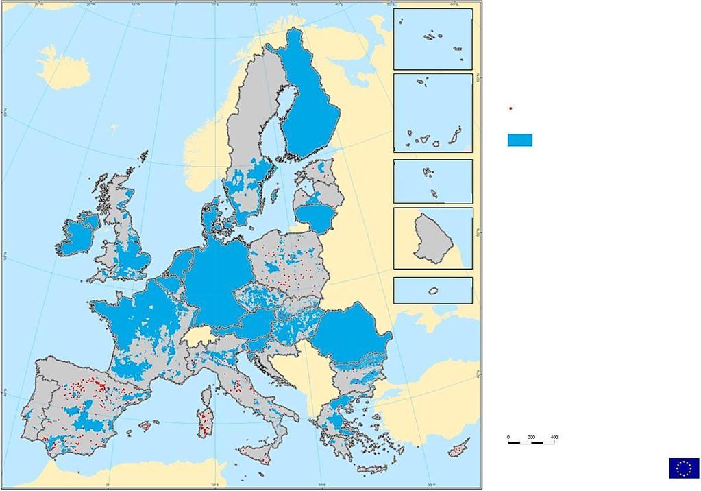 NITRATDIREKTIVET EU-28 RAPPORTERINGSPERIODEN 2012 2015 EU-28 GRUNDVATTEN MEDELVÄRDEN AV NITRATHALTER Grundvatten >= 50 NO3 mg/l utanför nitratkänsligt område Nitratkänsliga områden Fastställt