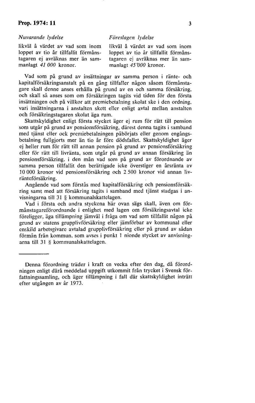 Prop. 1974: 11 Nuvarande lydelse likväl å värdet av vad som inom loppet av tio år tillfallit förmånstagaren ej avräknas mer än sammanlagt 41 000 kronor.