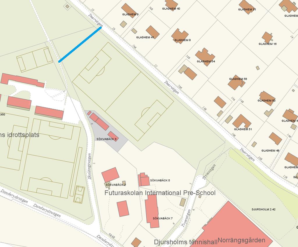 1.8 GC Djursholms IP I dagsläget löper det en gång och cykelbana som knyter an Ymervägen med Djursholms IP och Skolängsvägen på mark som ägs och förvaltas av Svenska kyrkan.