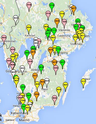 Figur 2: Karta över samtliga mätplatser, södra Sverige.