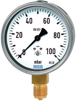 Husdimension Ø 63 eller 100 mm Syrafast Mätning av aggressiva mätmedier Medieberörda delar av syrafast stål Hus av syrafast stål Husdimension Ø 63, 100 eller 160 mm Låga tryck Mätning av låga tryck <