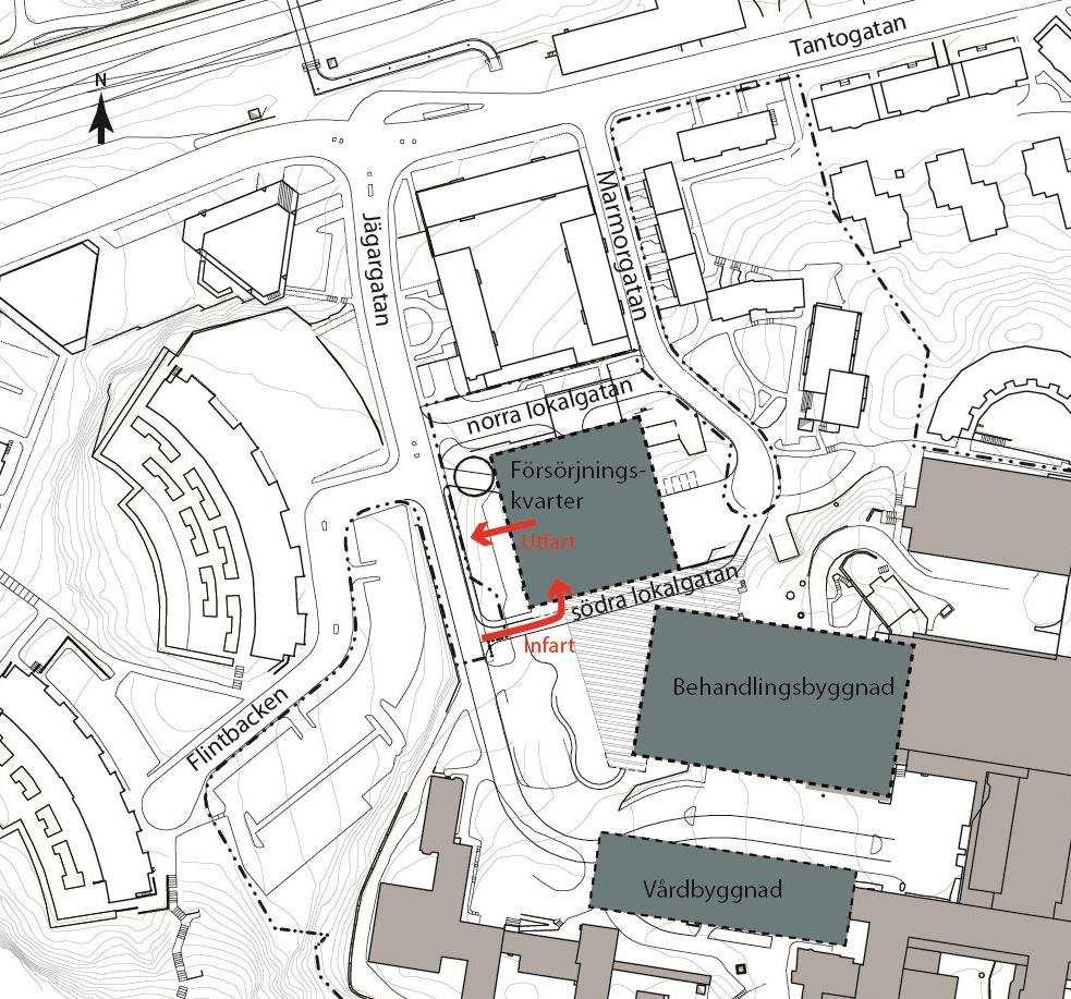 G1 - Varumottagning i försörjningskvarteret. Infart via södra lokalgatan och utfart via Jägargatan. Varumottagningen flyttas till våning -4 i det nya försörjningskvarteret.